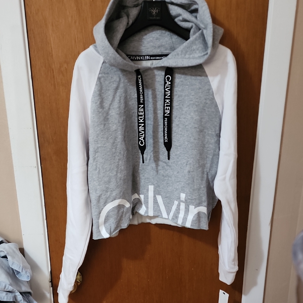Calvin Klein Women's Gray and White Hoodie Sweater